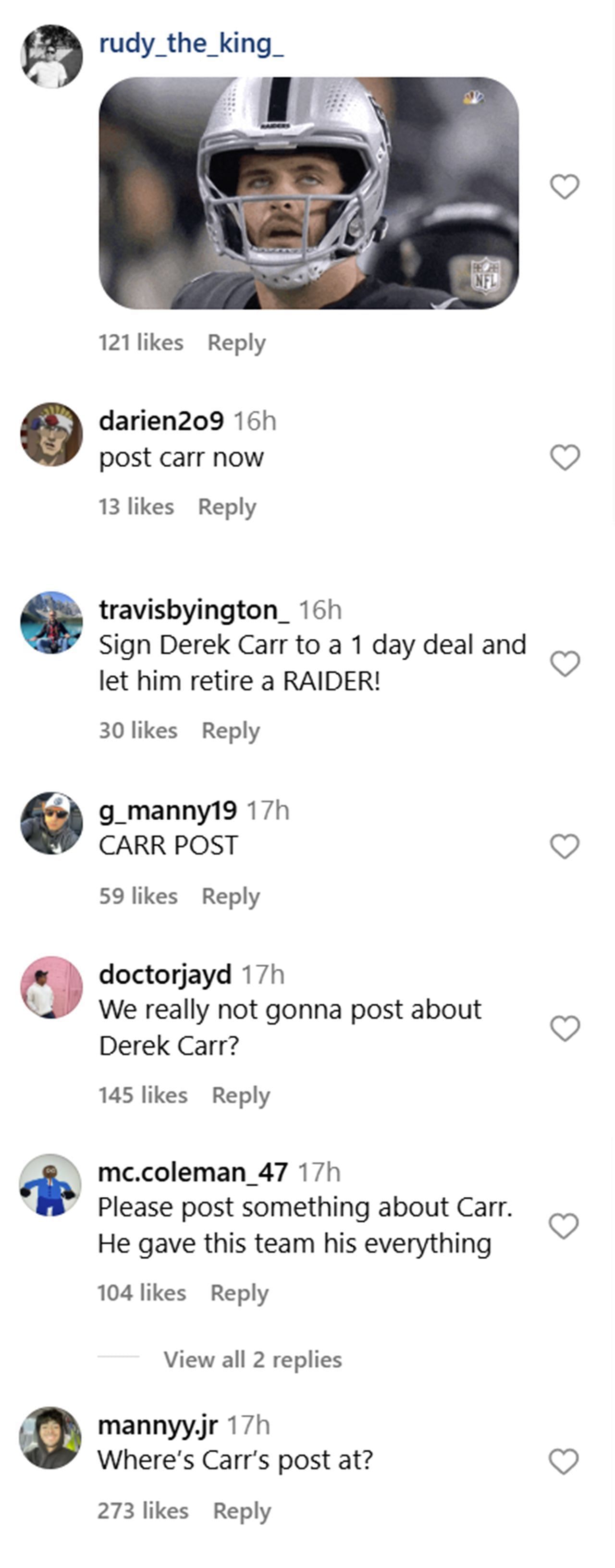 Screenshot of comments from Raiders' Instagram Post